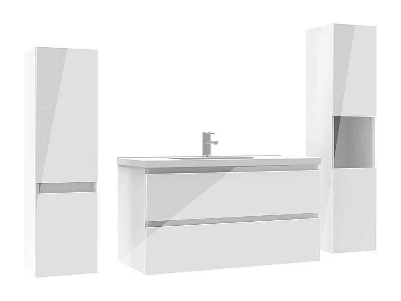 Ensemble meuble salle de bain 100 cm blanc brillant avec 2 tiroirs à fermeture automatique, lavabo céramique simple + deux colonnes, suspendu