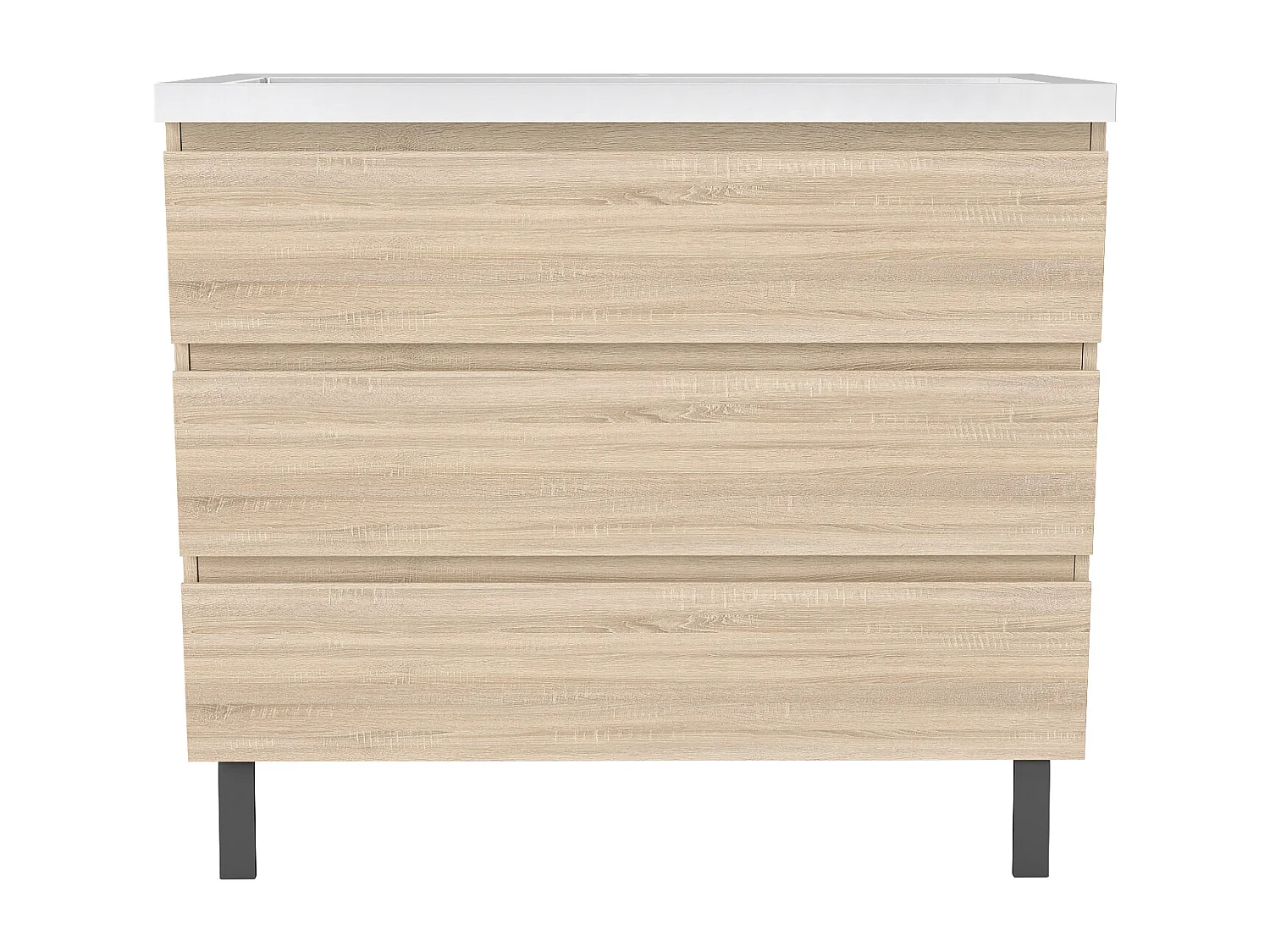 Meuble de Salle de Bain 100cm avec 3 tiroirs + 2 Pieds, Meuble simple vasque céramique, Chêne