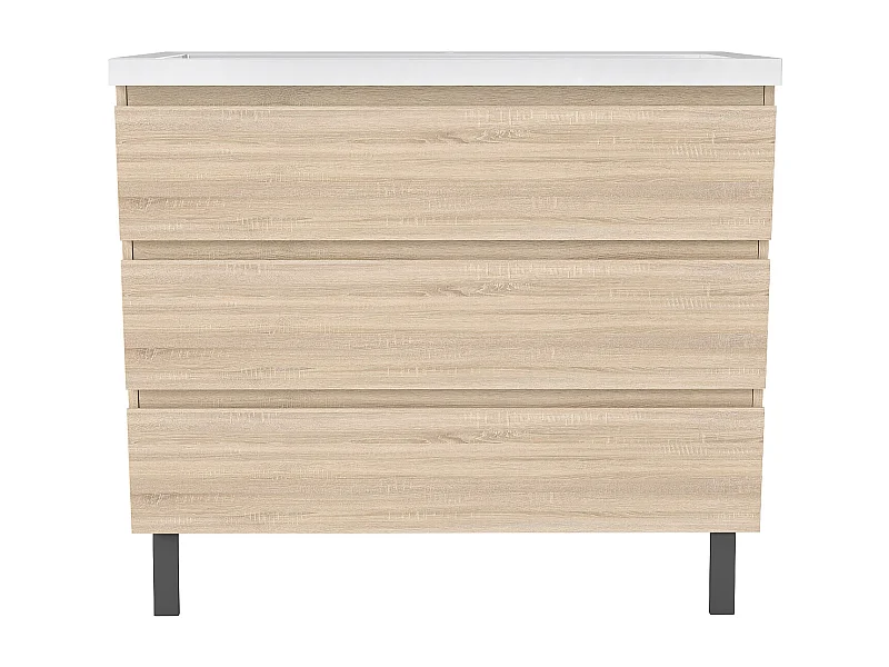 Meuble de Salle de Bain 100cm avec 3 tiroirs + 2 Pieds, Meuble simple vasque céramique, Chêne