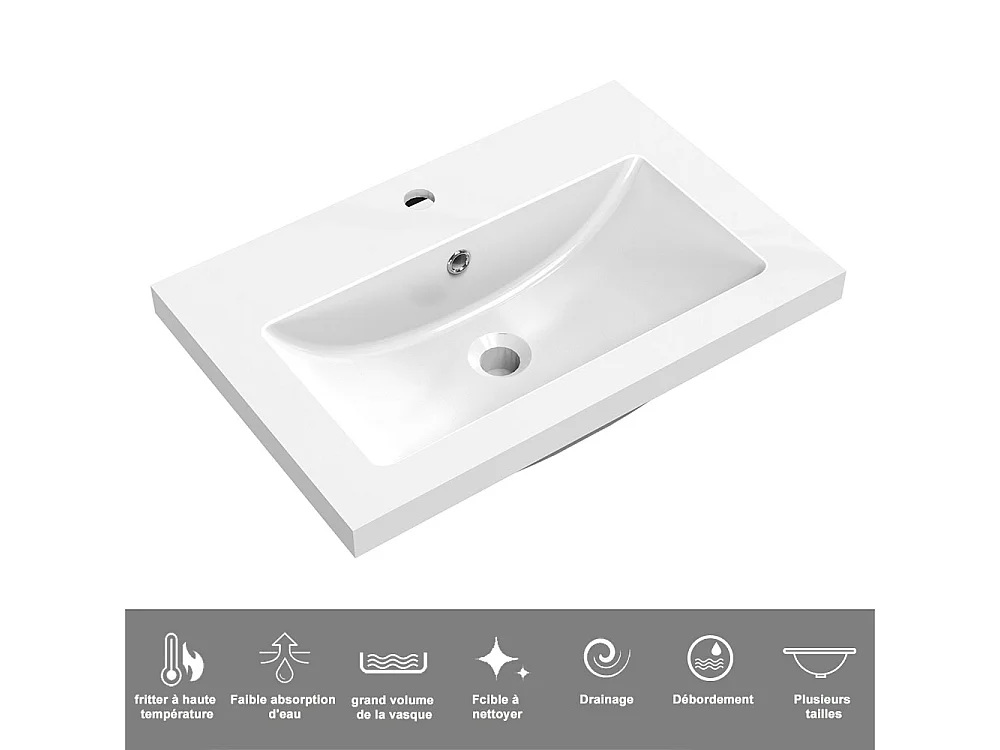 Meuble de Salle de Bain 60cm avec 3 tiroirs + 2 Pieds, Meuble simple vasque céramique, Blanc