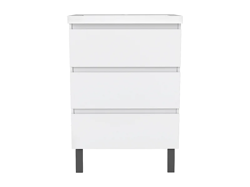 Meuble de Salle de Bain 60cm avec 3 tiroirs + 2 Pieds, Meuble simple vasque céramique, Blanc