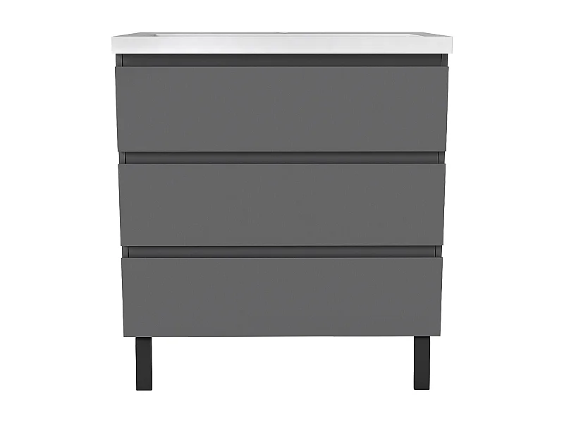Meuble de Salle de Bain 80cm avec 3 tiroirs + 2 Pieds, Meuble simple vasque céramique, Anthracite