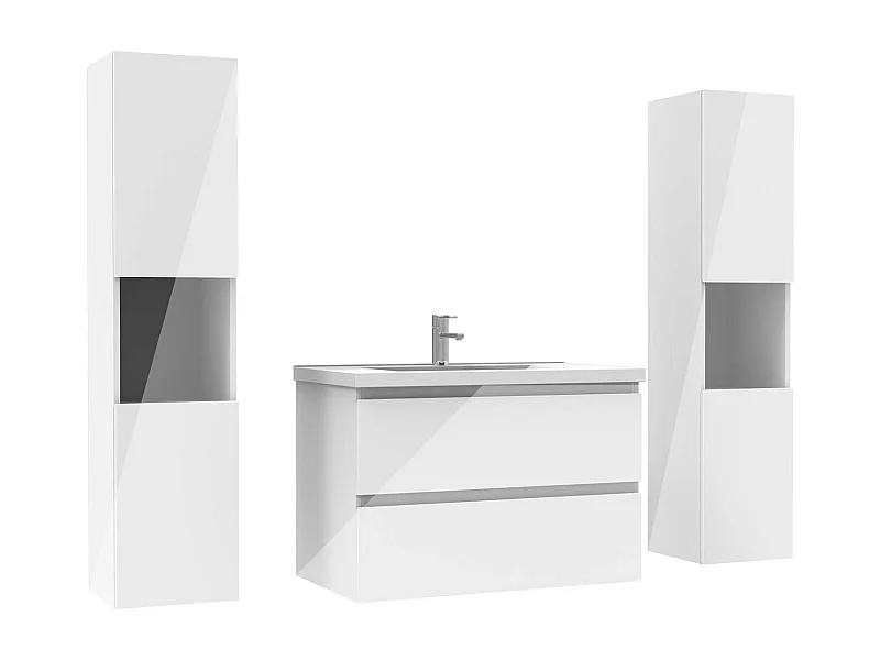 Ensemble meuble salle de bain 80 cm blanc brillant avec 2 tiroirs à fermeture automatique, lavabo céramique simple + colonne haute x2, suspendu