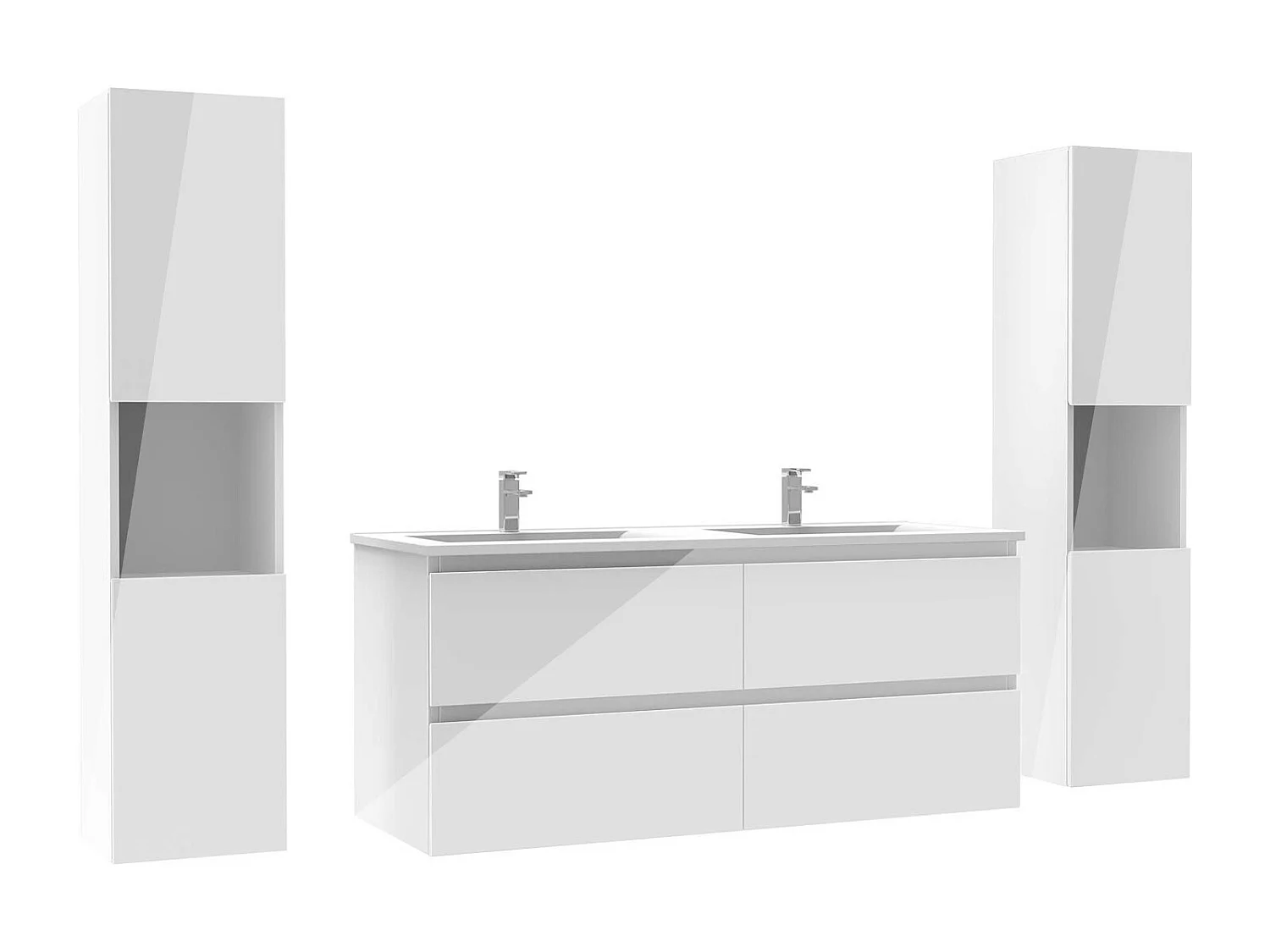 Ensemble meuble salle de bain 120 cm blanc brillant avec 4 tiroirs à fermeture automatique, double lavabo céramique + colonne haute x2, suspendu