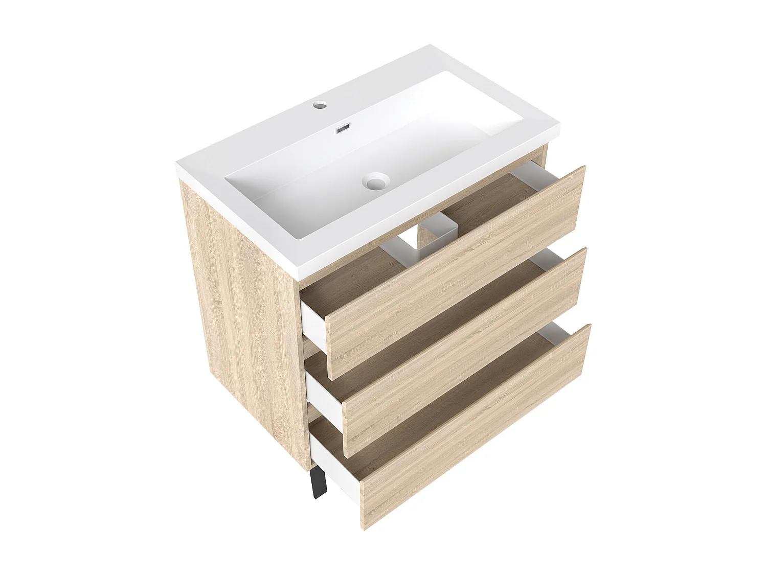 Meuble de Salle de Bain 80cm avec 3 tiroirs + 2 Pieds, Meuble simple vasque, Chêne