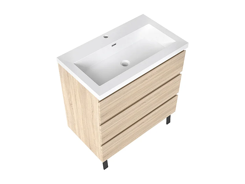 Meuble de Salle de Bain 80cm avec 3 tiroirs + 2 Pieds, Meuble simple vasque, Chêne