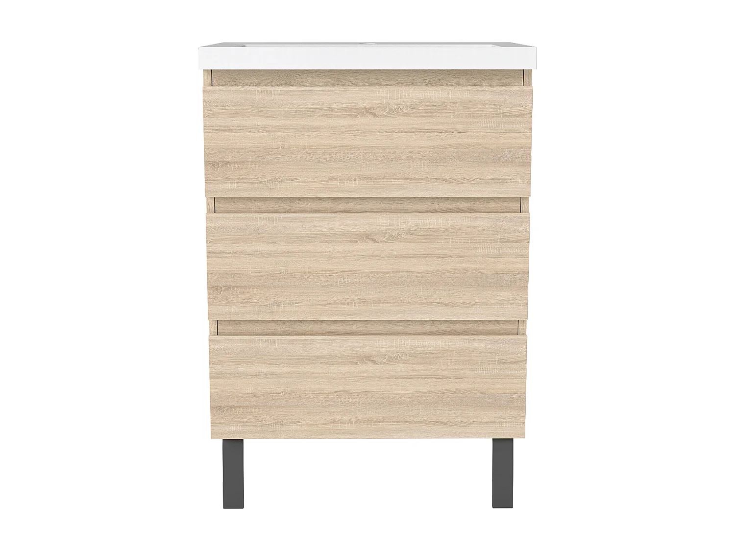 Meuble de Salle de Bain 60cm avec 3 tiroirs + 2 Pieds, Meuble simple vasque céramique, Chêne