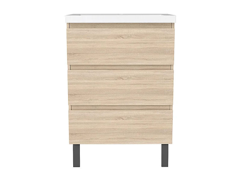 Meuble de Salle de Bain 60cm avec 3 tiroirs + 2 Pieds, Meuble simple vasque céramique, Chêne