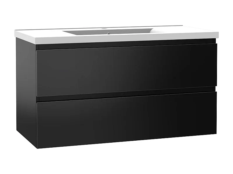 Meuble salle de bain 100cm noir brillant avec 2 tiroirs à fermeture automatique et simple lavabo céramique