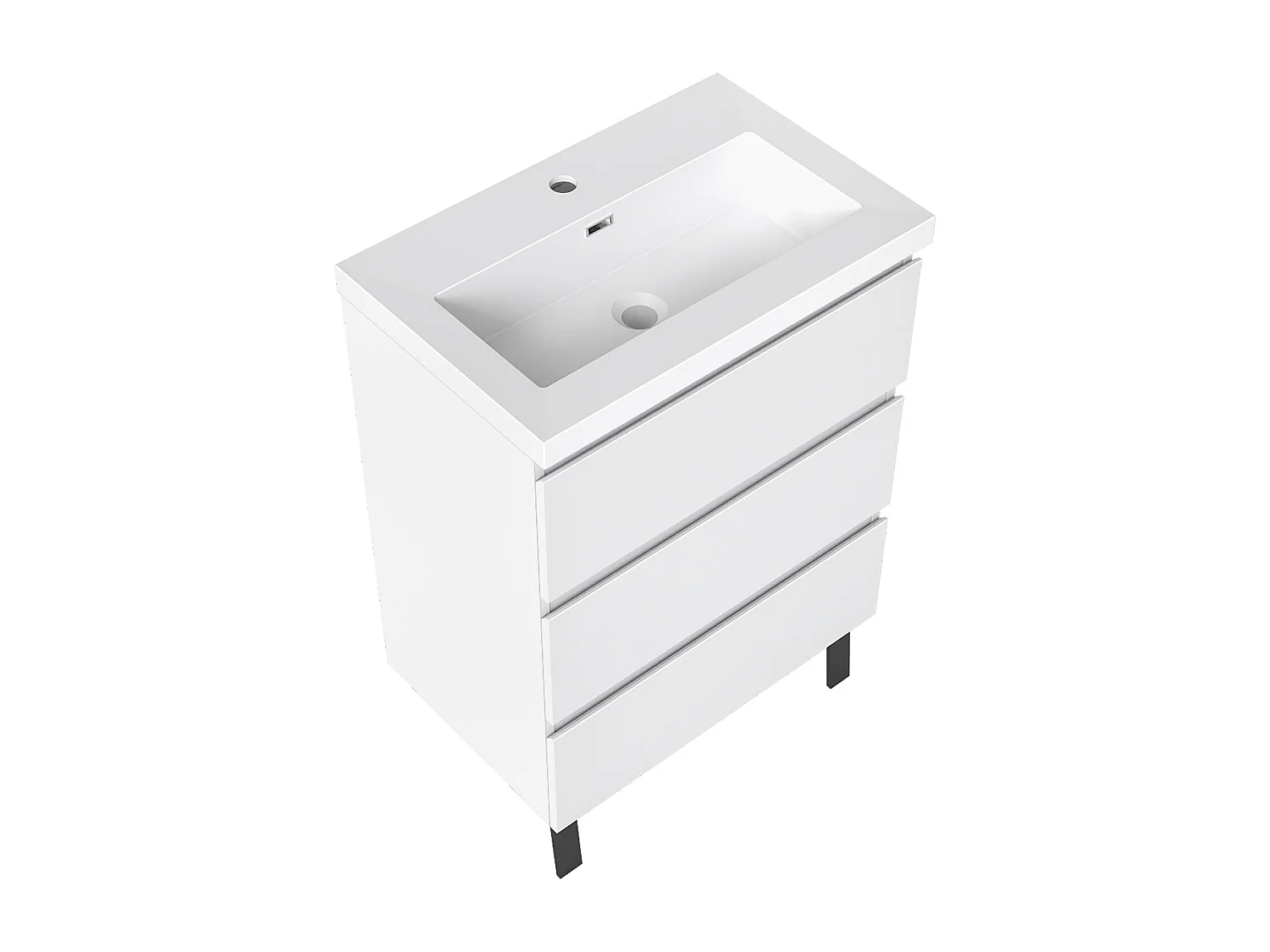 Meuble de Salle de Bain 60cm avec 3 tiroirs + 2 Pieds, Meuble simple vasque, Blanc