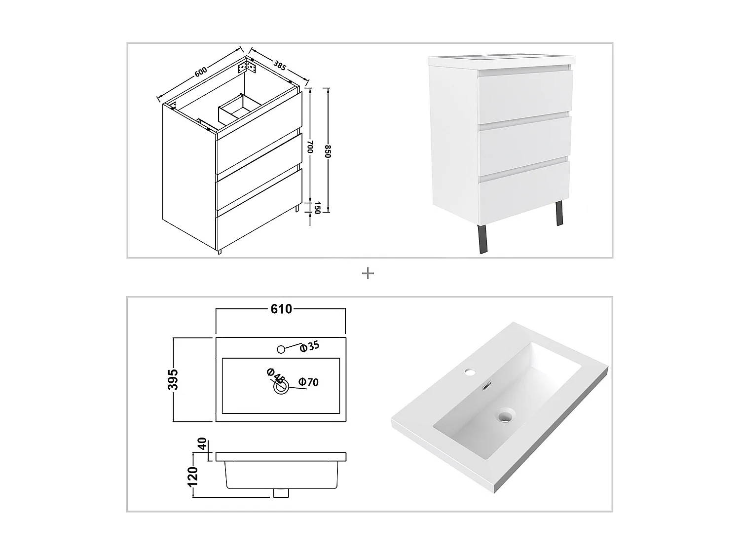 Meuble de Salle de Bain 60cm avec 3 tiroirs + 2 Pieds, Meuble simple vasque, Blanc