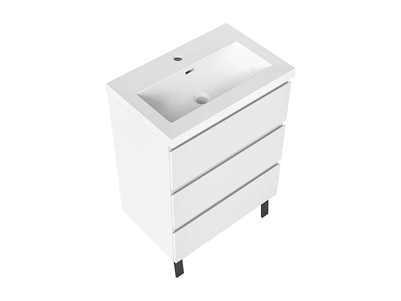 Meuble de Salle de Bain 60cm avec 3 tiroirs + 2 Pieds, Meuble simple vasque, Blanc