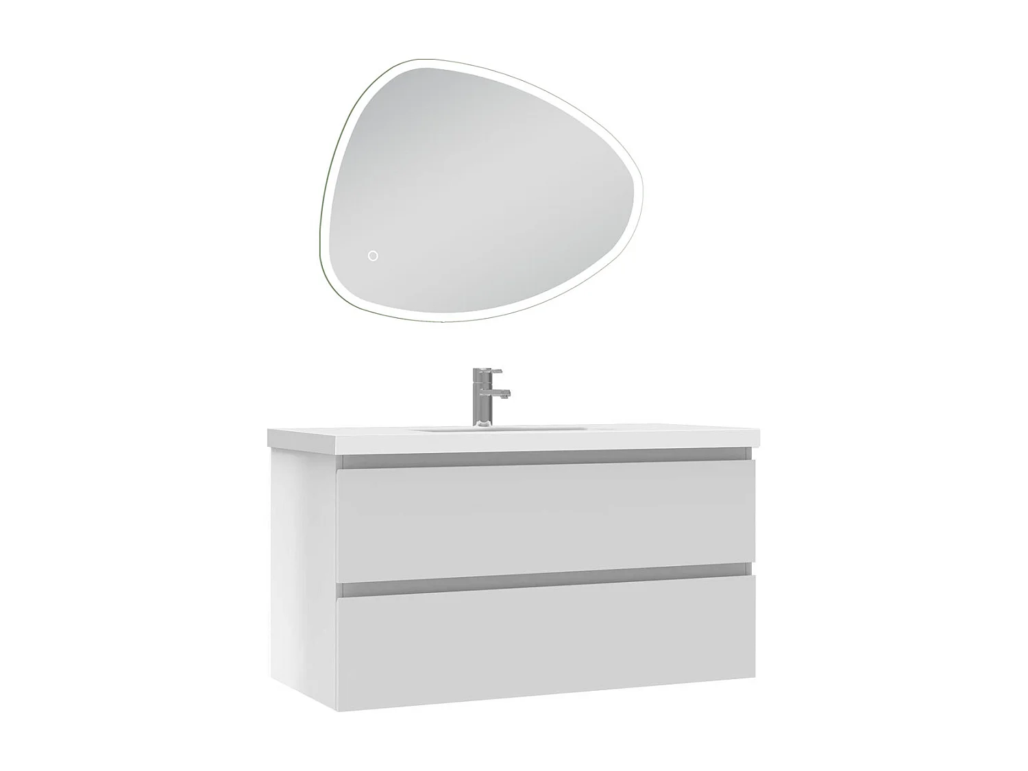 Meuble de salle de bain avec lavabo, 100cm, 2 tiroirs + miroir led Asymétrique multifonctionnel avec antibuée 80x65cm, meuble suspendu blanc
