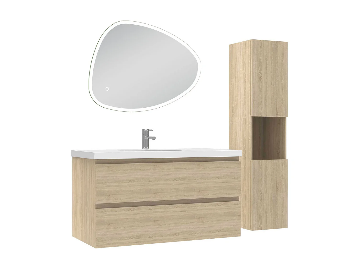 Ensemble meuble chêne et vasque L.100cm 2 tiroirs + colonne haute + miroir antibuée Asymétrique à led 80x65cm-suspendu