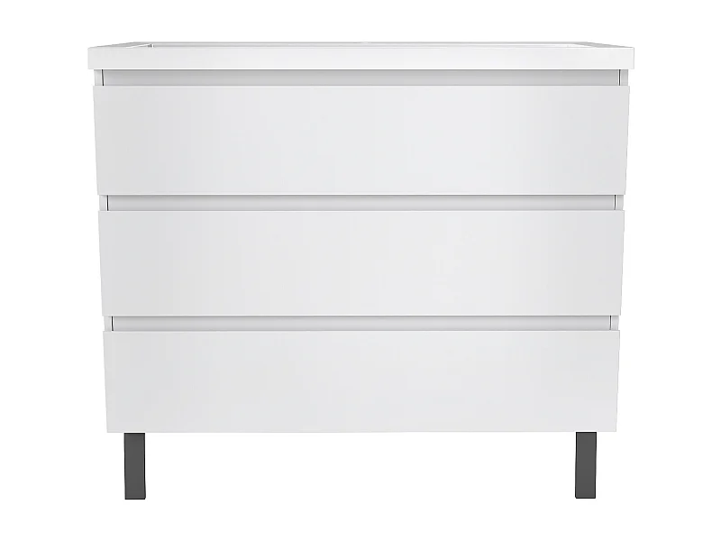 Meuble de Salle de Bain 100cm avec 3 tiroirs + 2 Pieds, Meuble simple vasque céramique, Blanc