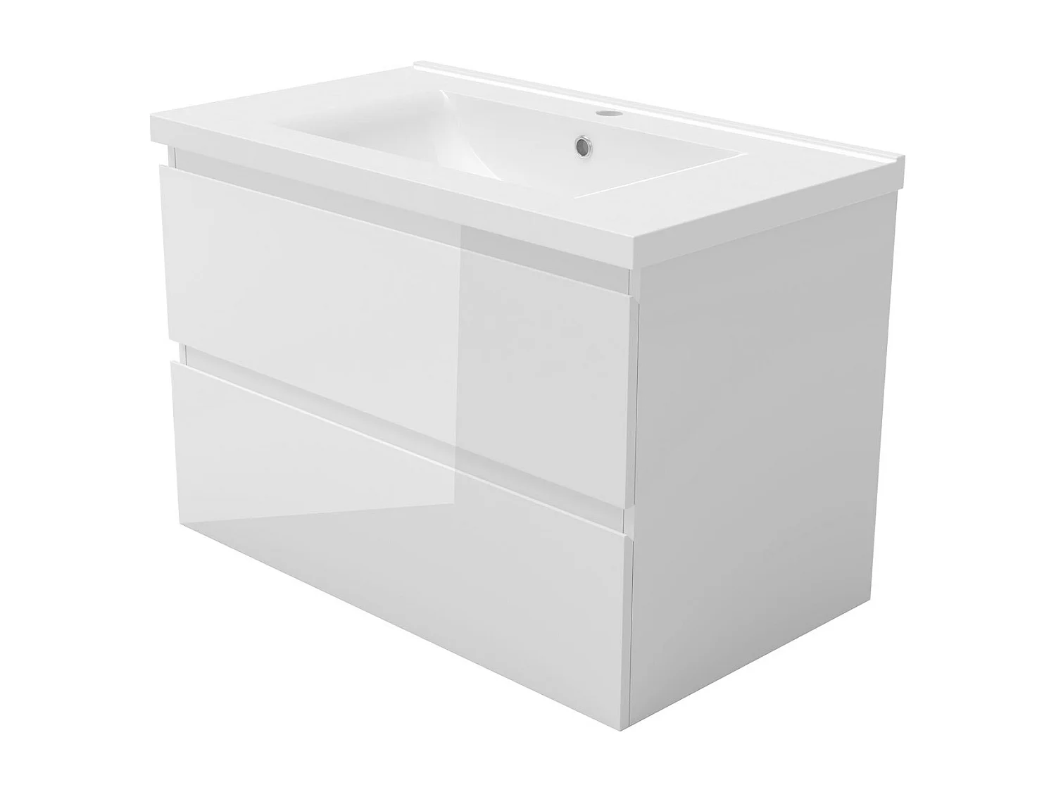 Meuble salle de bain 80cm blanc brillant avec 2 tiroirs à fermeture automatique et simple lavabo céramique