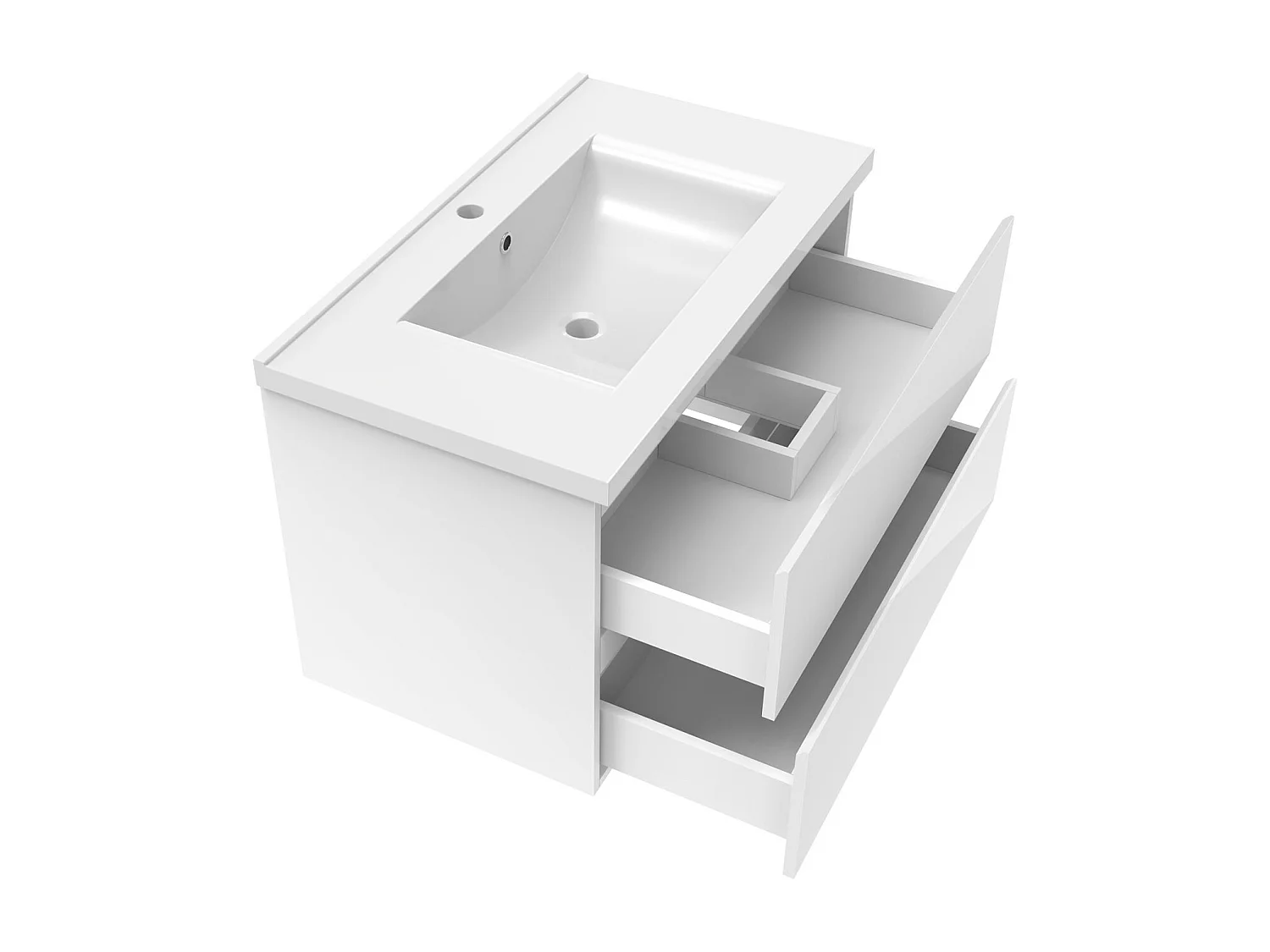 Meuble salle de bain 80cm blanc brillant avec 2 tiroirs à fermeture automatique et simple lavabo céramique