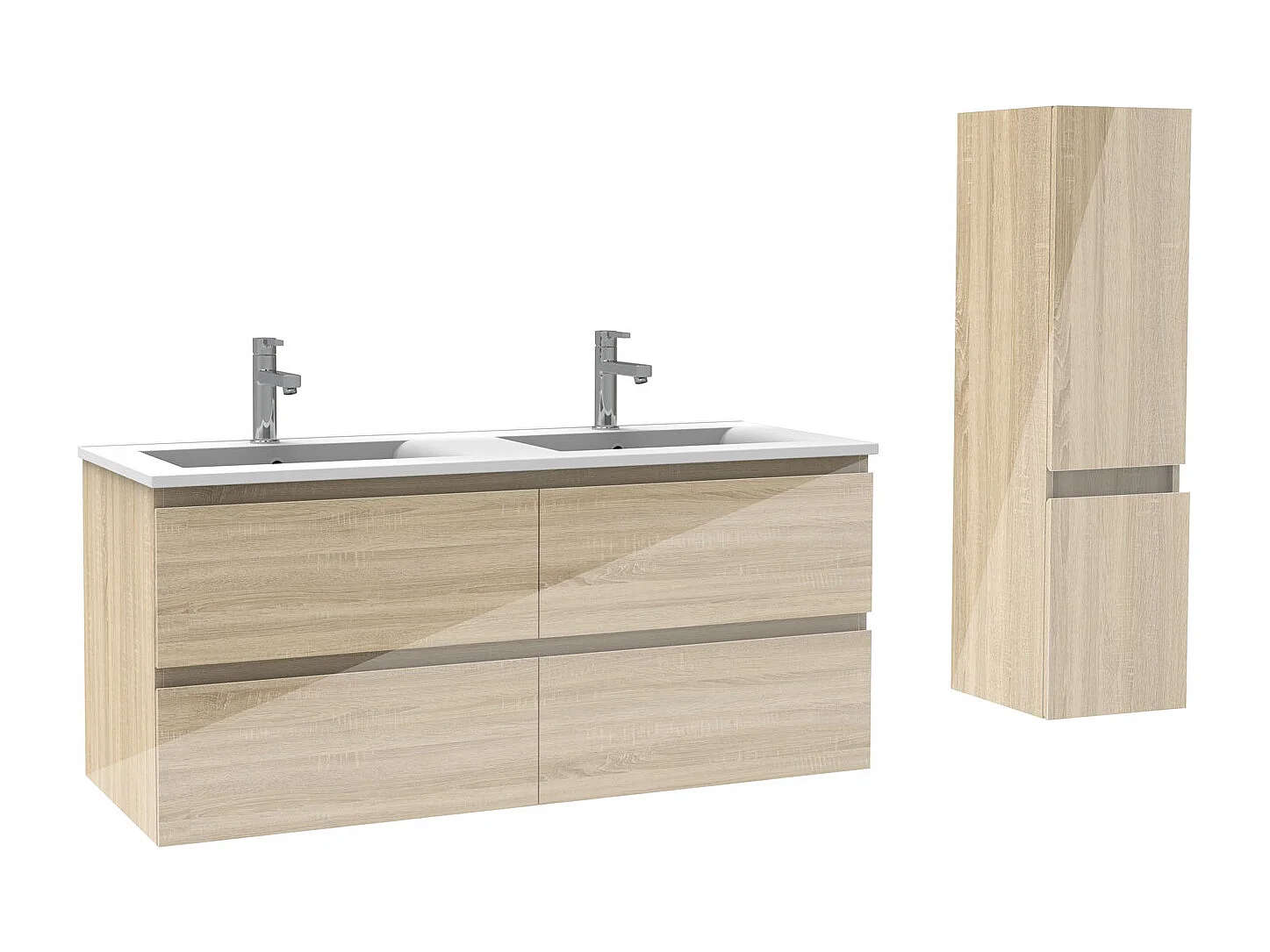 Ensemble meuble salle de bain 120 cm chêne brillant avec 4 tiroirs à fermeture automatique, double lavabo céramique + colonne, suspendu