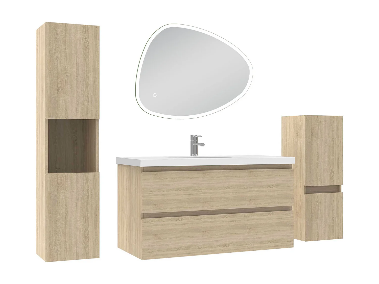Ensemble meuble chêne et lavabo L.100cm 2 tiroirs + colonne haute + colonne basse + miroir antibuée Asymétrique à LED 80x65cm-suspendu