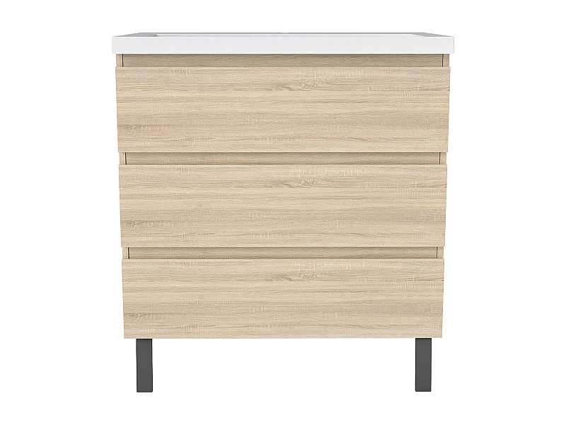 Meuble de Salle de Bain 80cm avec 3 tiroirs + 2 Pieds, Meuble simple vasque céramique, Chêne