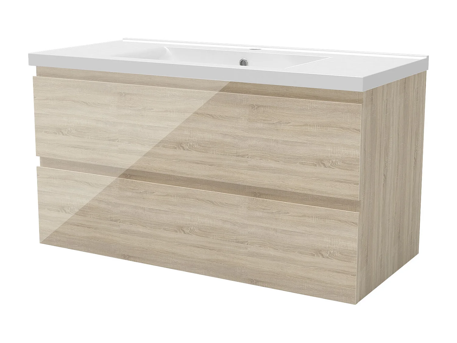 Meuble salle de bain 100cm chêne brillant avec 2 tiroirs à fermeture automatique et simple lavabo céramique