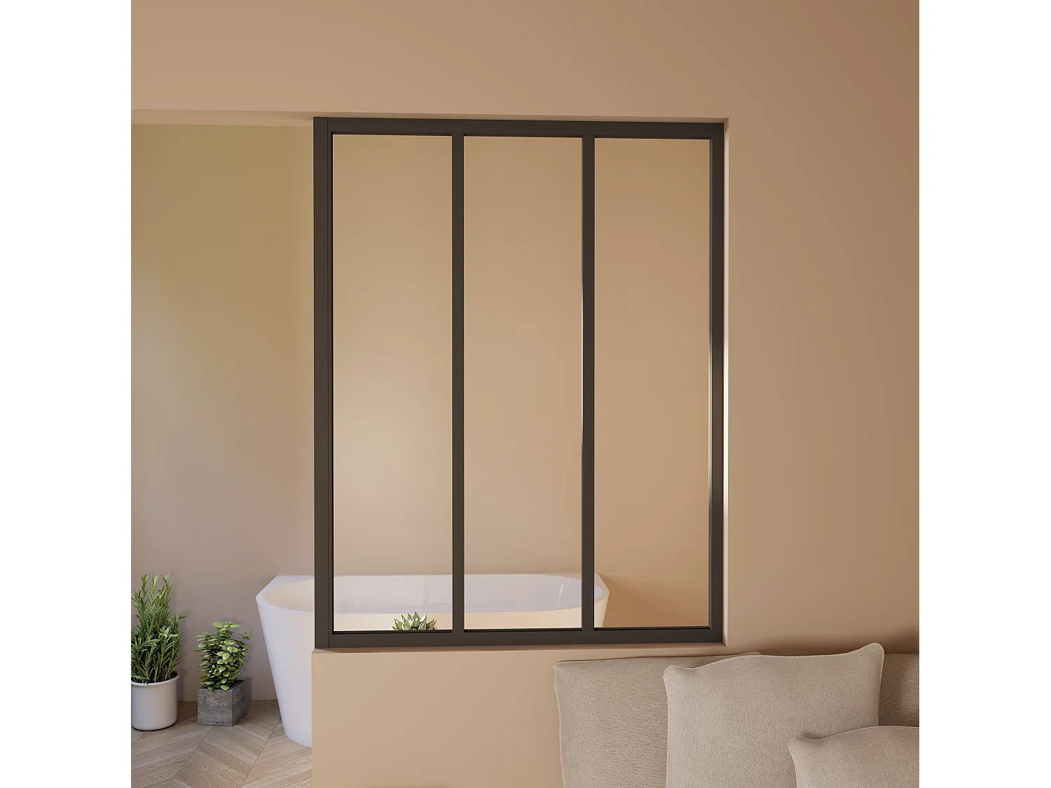 Verrière Atelier en aluminium noir mat 93x108cm - Kit COMPLET 3 carreaux avec profilé de finition latérale pour installation sur 3 murs