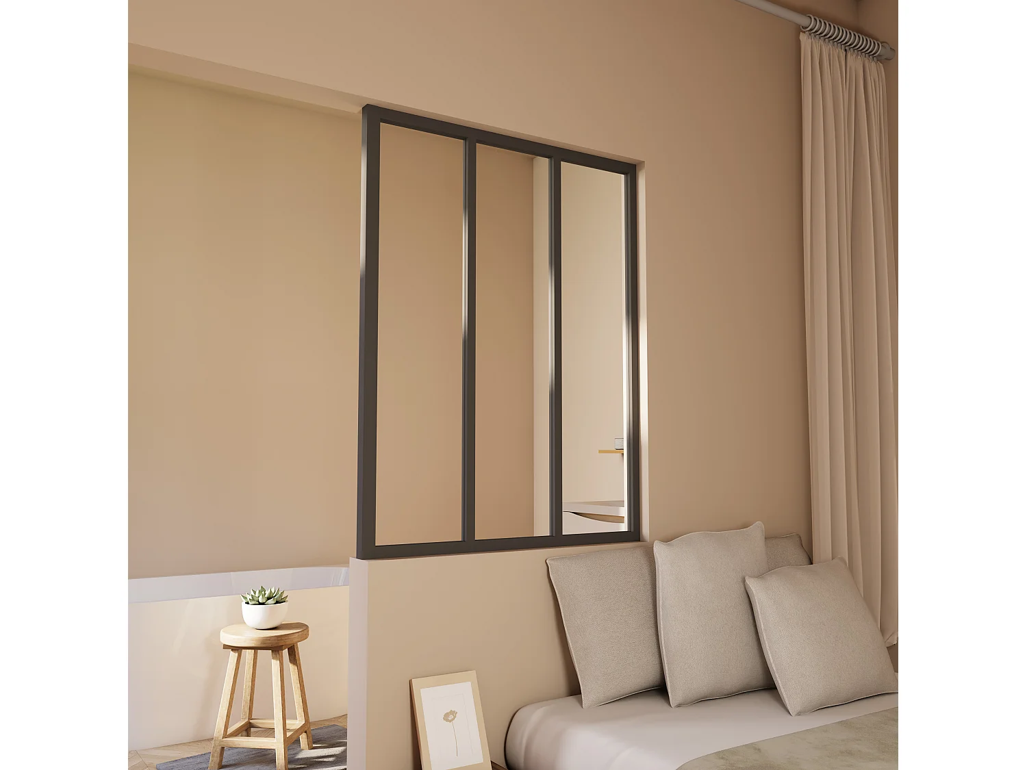 Verrière Atelier en aluminium noir mat 93x108cm - Kit COMPLET 3 carreaux avec profilé de finition latérale pour installation sur 3 murs