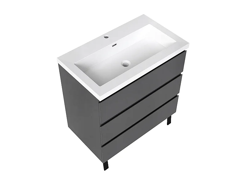 Meuble de Salle de Bain 80cm avec 3 tiroirs + 2 Pieds, Meuble simple vasque, Anthracite