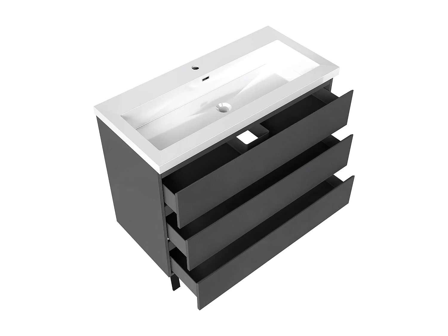 Meuble de Salle de Bain 100cm avec 3 tiroirs + 2 Pieds, Meuble simple vasque, Anthracite
