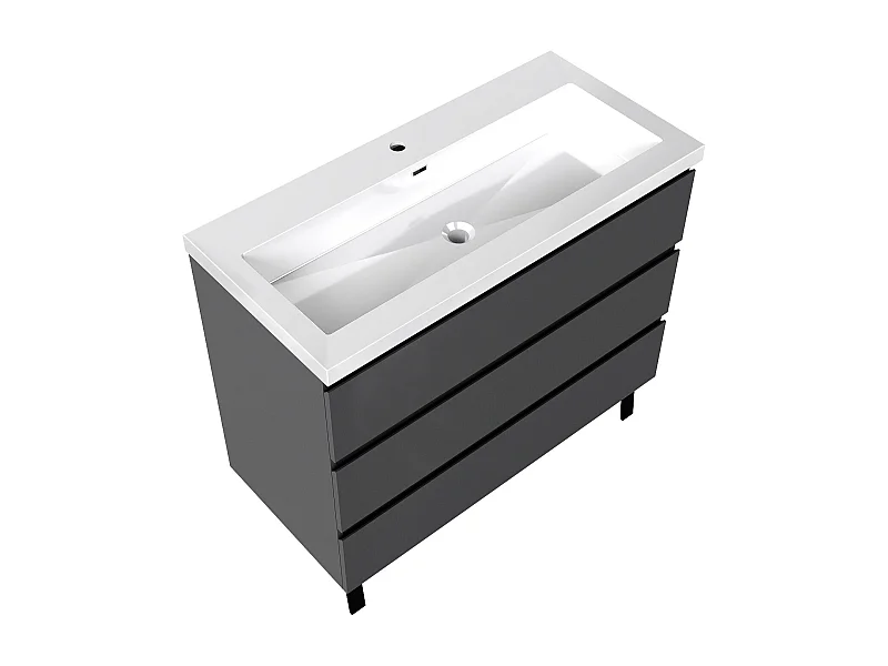 Meuble de Salle de Bain 100cm avec 3 tiroirs + 2 Pieds, Meuble simple vasque, Anthracite