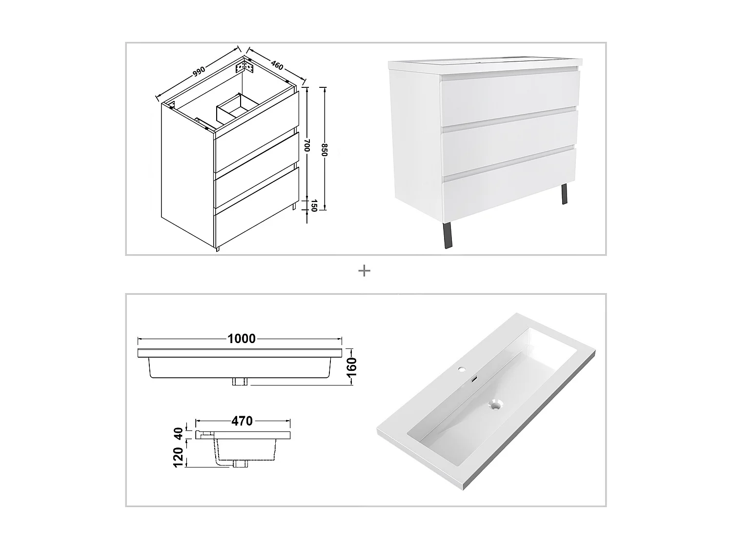 Meuble de Salle de Bain 100cm avec 3 tiroirs + 2 Pieds, Meuble simple vasque, Blanc