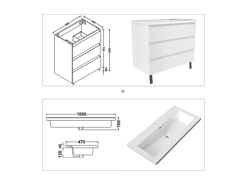 Meuble de Salle de Bain 100cm avec 3 tiroirs + 2 Pieds, Meuble simple vasque, Blanc