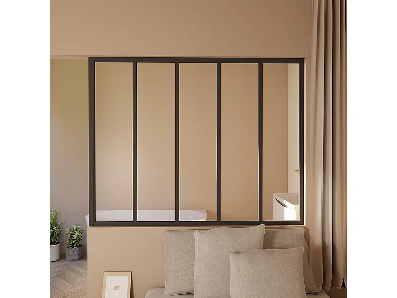 Verrière Atelier en aluminium noir mat 153x108cm - Kit COMPLET 5 carreaux avec profilé de finition latérale pour installation sur 3 murs