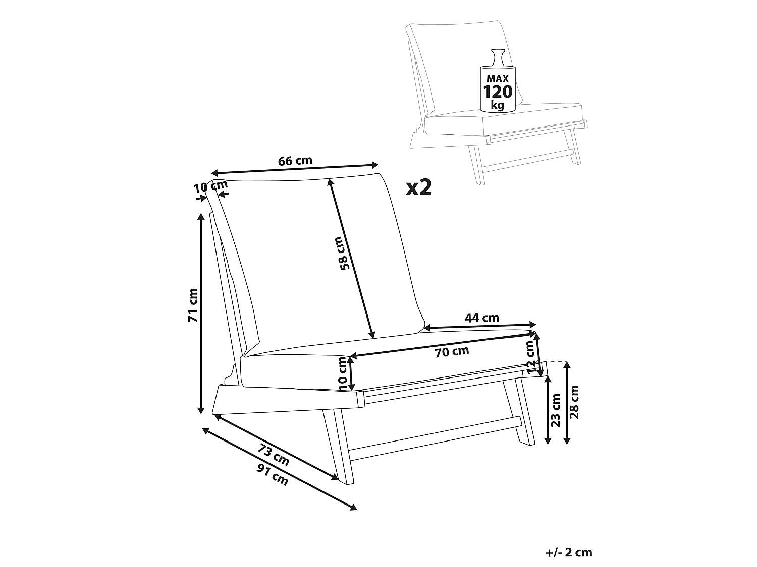 Lot de 2 chaises de jardin avec coussins MICCIANO Acacia Blanc cassé