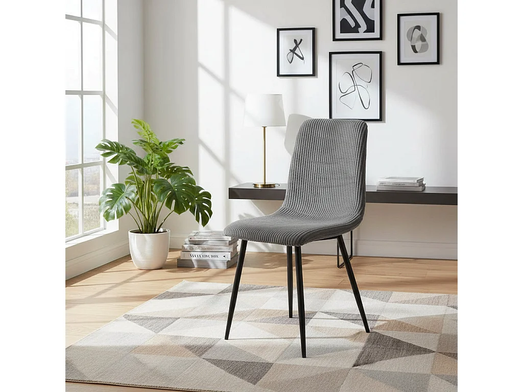 Lot 4 Chaises Salle à Manger Bobby Velours Côtelé Gris Pieds Métal Noir 52x44x87cm