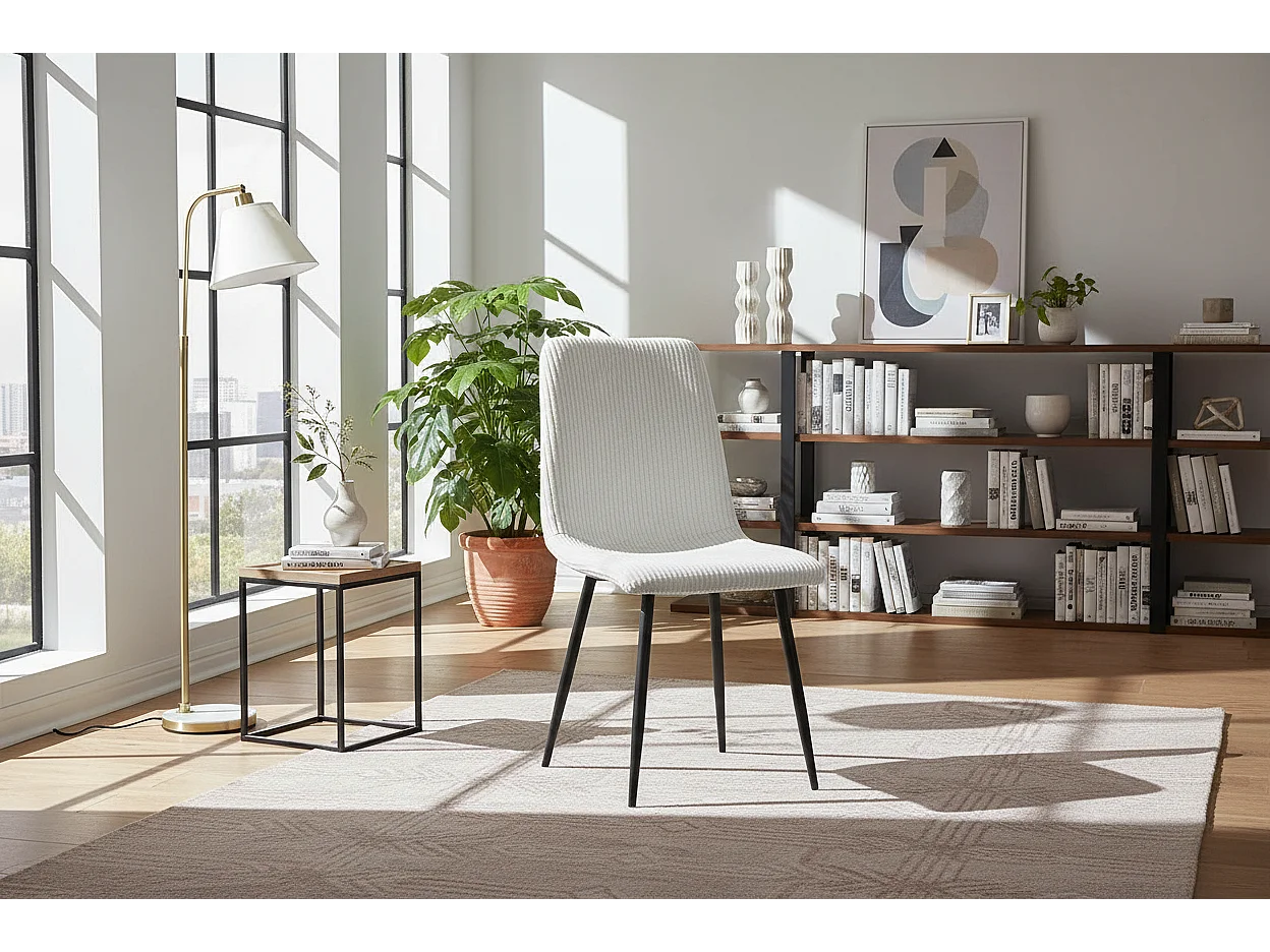 Lot 4 Chaises Salle à Manger Bobby Velours Côtelé Blanc Cassé Pieds Métal Noir 52x44x87cm