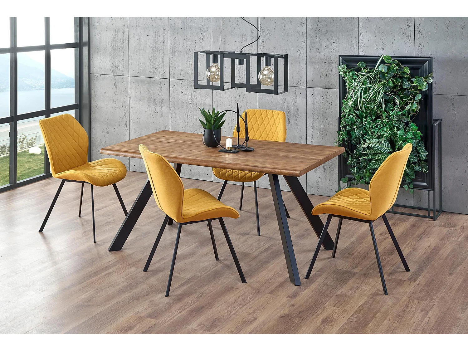 Chaise de salle à manger en tissu jaune moutarde avec pieds en acier noir Pilot