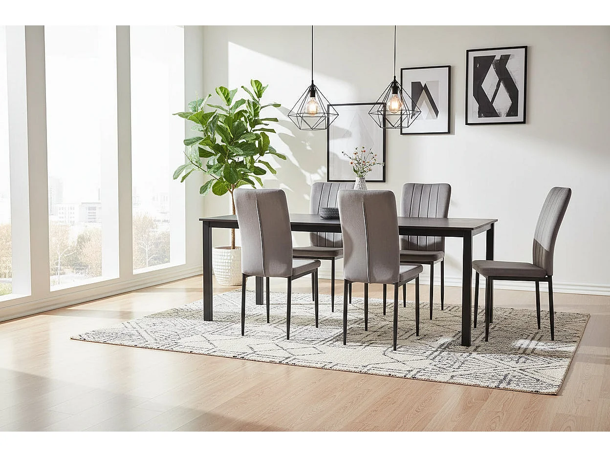 Lot 4 Chaises Salle à Manger Pony Velours Gris Pieds Métal Noir 57x42x95cm