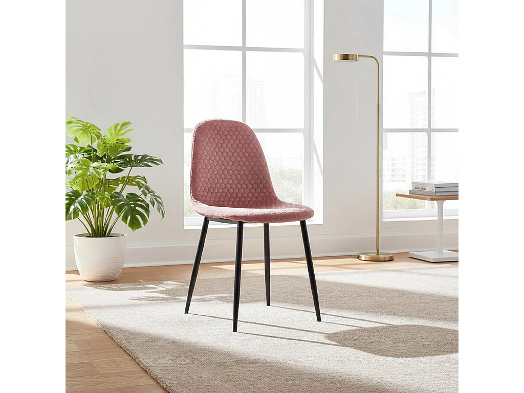 Lot 4 Chaises Salle à Manger Scandinave Alvéole Velours Vieux Rose Pieds Métal Noir