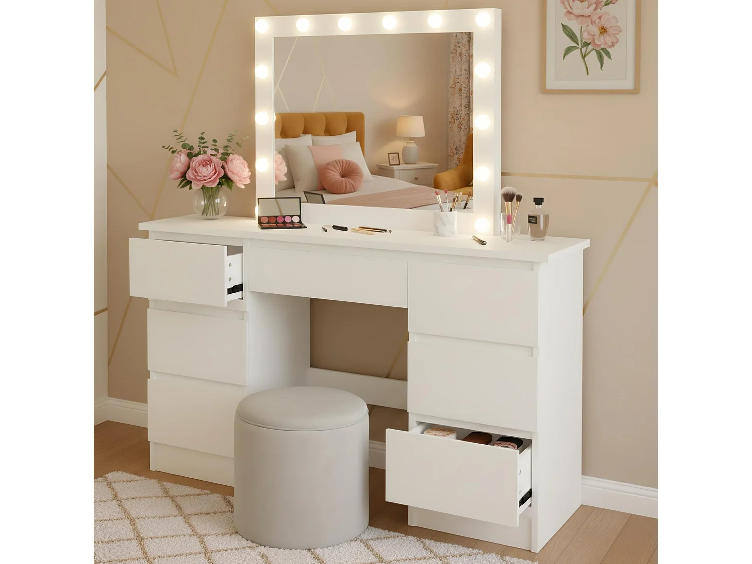 Coiffeuse - carré - Bois - 130 x 45 cm - Blanc - Duffy