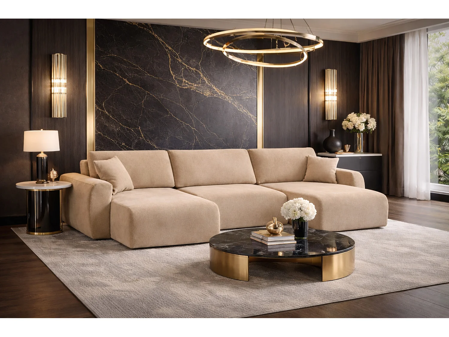 Divano angolare con funzione letto e contenitore a U Ariel U, velluto Salvador, Beige