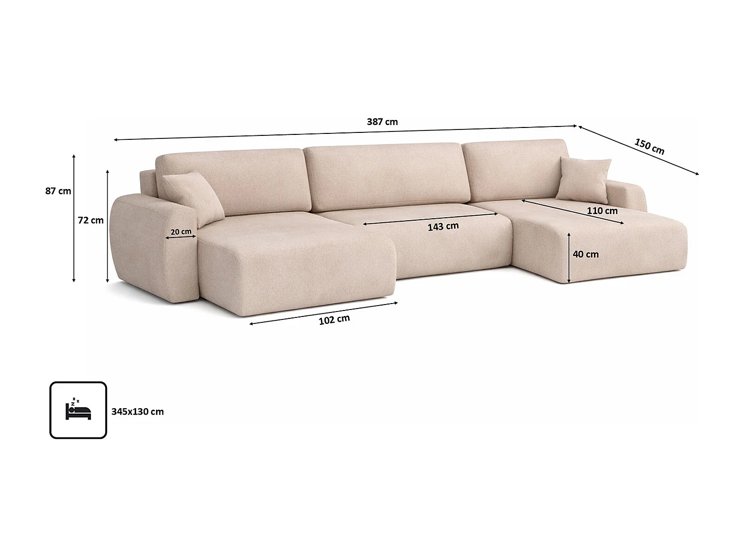 Hoekbank met slaapfunctie en opbergruimte U-vorm Ariel U XL, velours Salvador, Beige