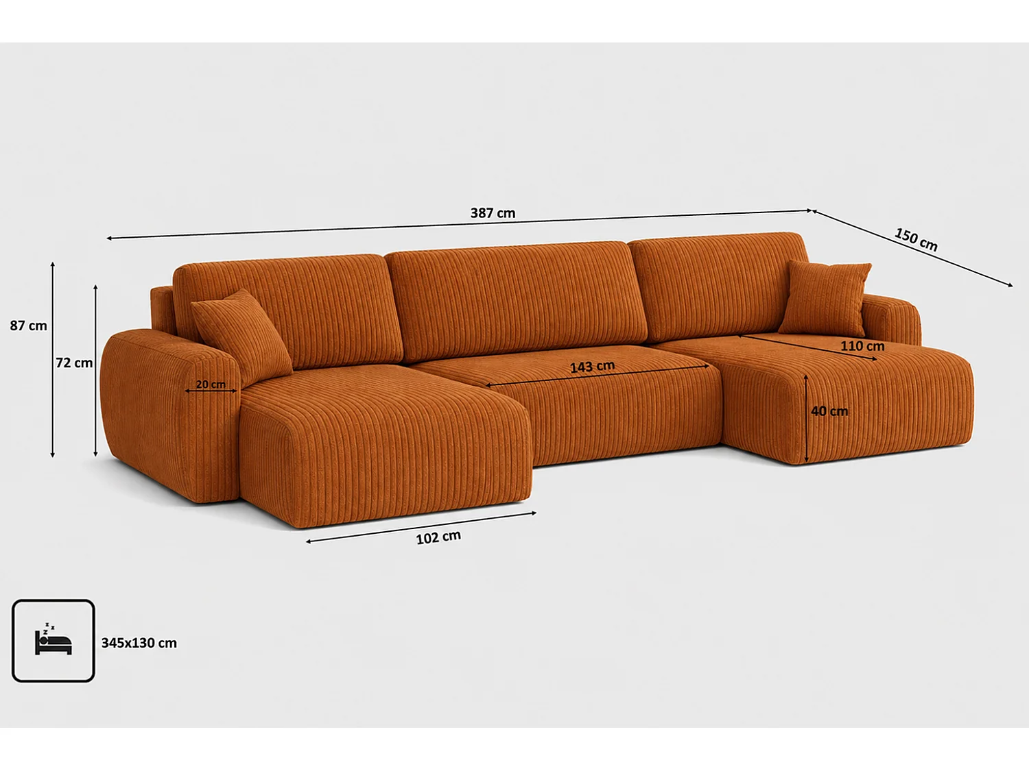 Hoekbank met slaapfunctie en opbergruimte U-vorm Ariel U XL, ribstof Poso, Koper
