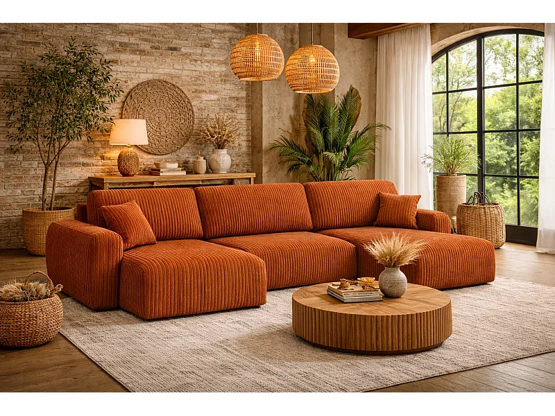 Canapé d’angle avec fonction couchage et coffre en U Ariel U, tissu côtelé Poso, Cuivre