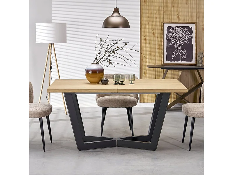 Table à manger extensible 160-250(-340) x 90 cm en chêne naturel et noir BELLONA - Rallonges (2x45cm)