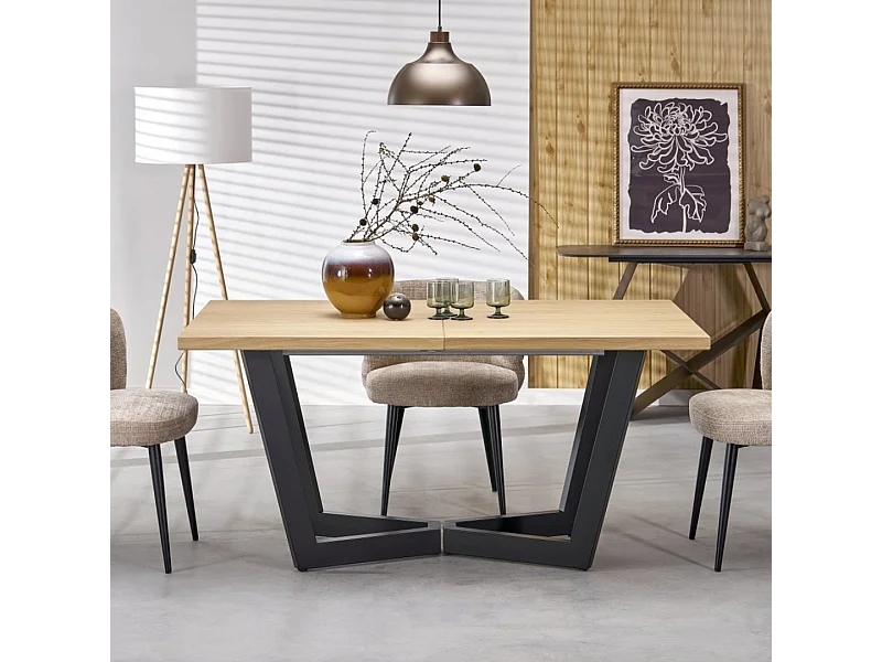 Table à manger extensible 160-250(-340) x 90 cm en chêne naturel et noir BELLONA - Rallonges (2x45cm)