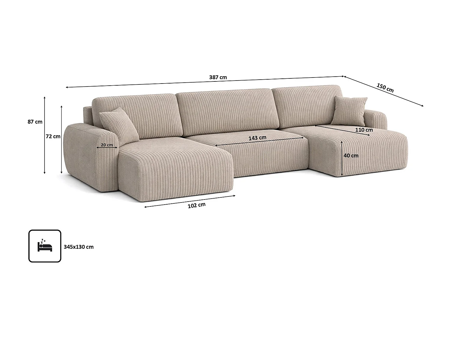 Ecksofa mit Schlaffunktion und Bettkasten U-Form Ariel U XL, Cordstoff Poso, Dunkelbeige