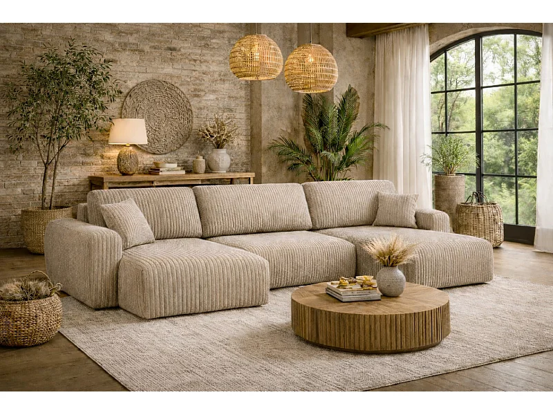 Divano angolare con funzione letto e contenitore a U Ariel U, tessuto a coste Poso, Beige scuro