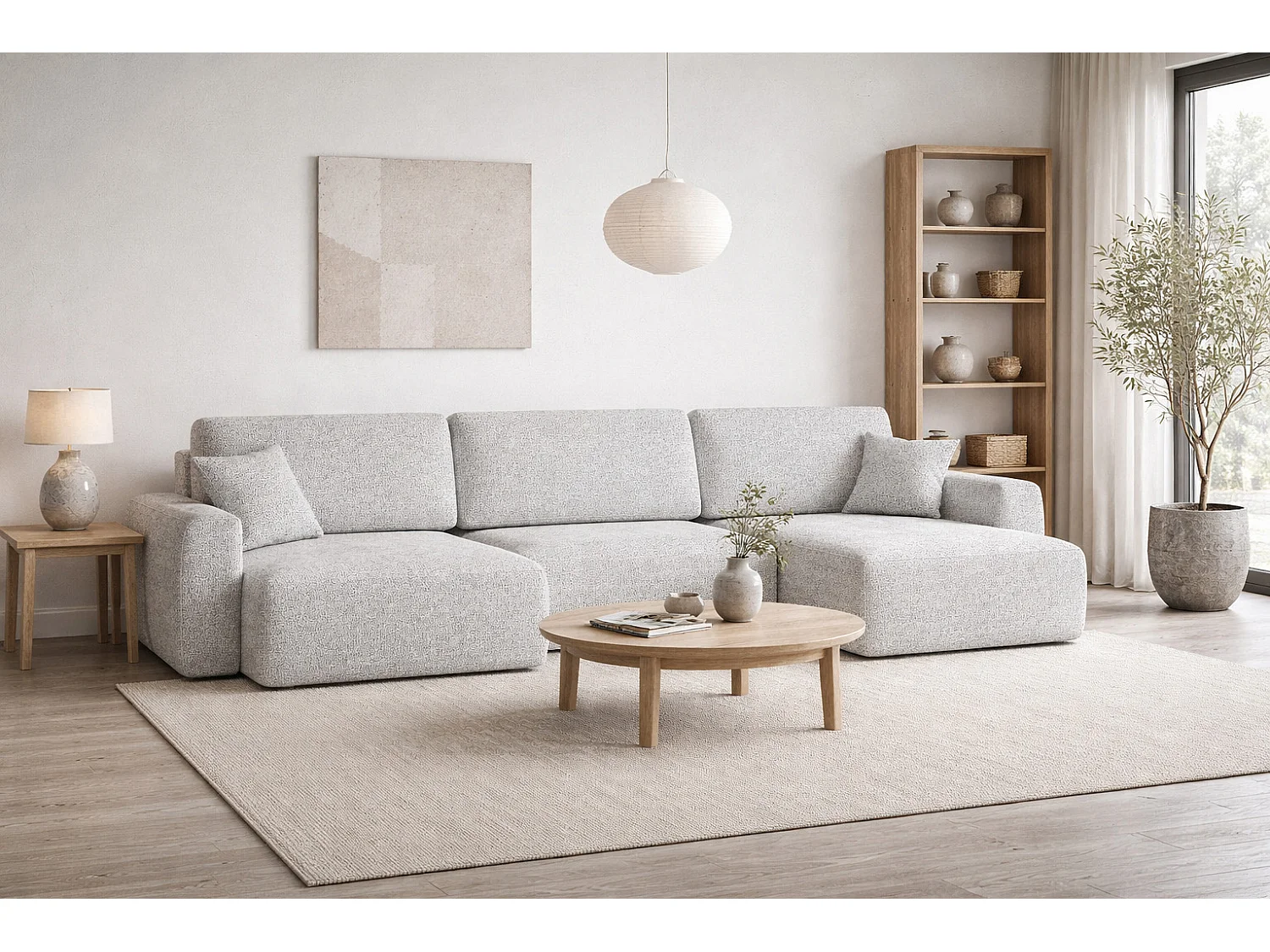 Divano angolare con funzione letto e contenitore a U Ariel U, tessuto chenille Artico, Cemento