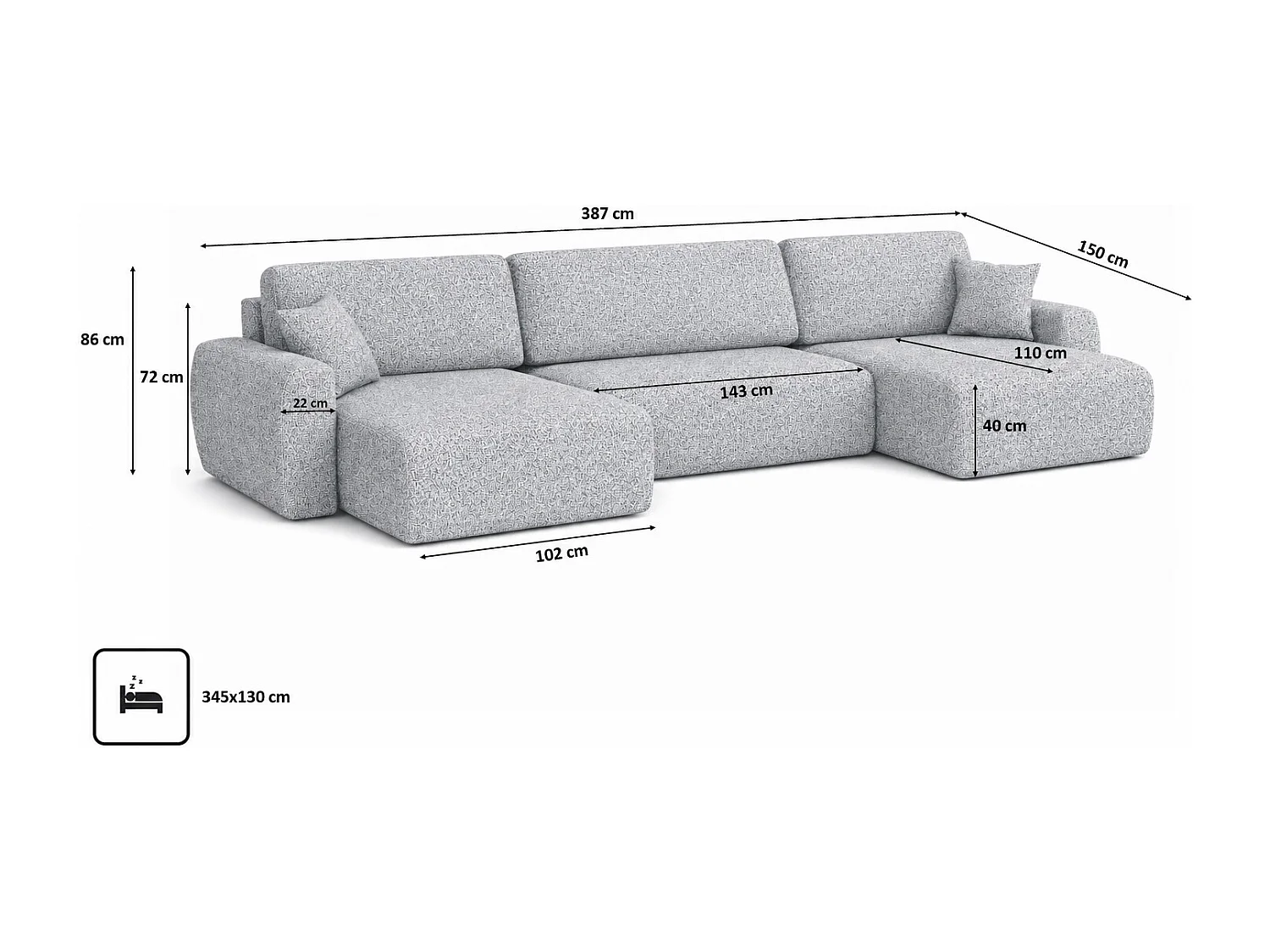 Canapé d’angle avec fonction couchage et coffre en U Ariel U XL, tissu chenille Artico, Cement